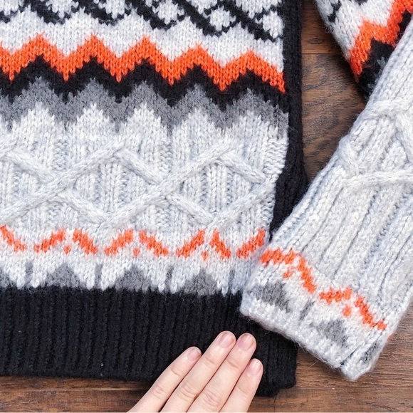 Magaschoni • chunky sweater fair isle Scandi cable knit orange grey black ski - Picture 6 of 10